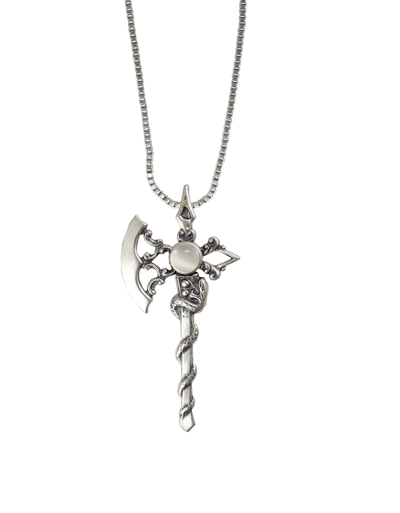 Sterling Silver Royal Battle Axe Pendant With White Moonstone